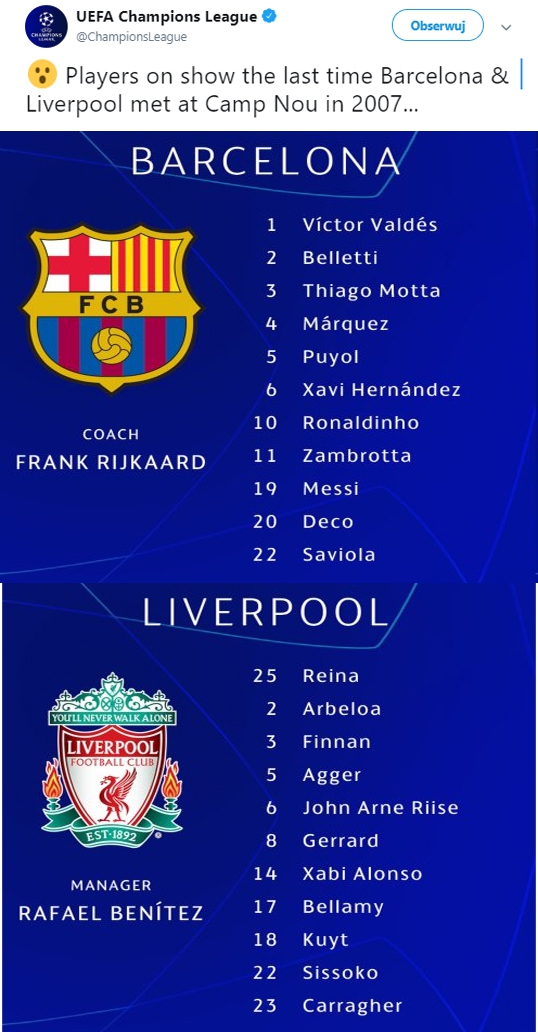 SKŁADY z ostatniego meczu Barcy z Liverpoolem na Camp Nou! :D